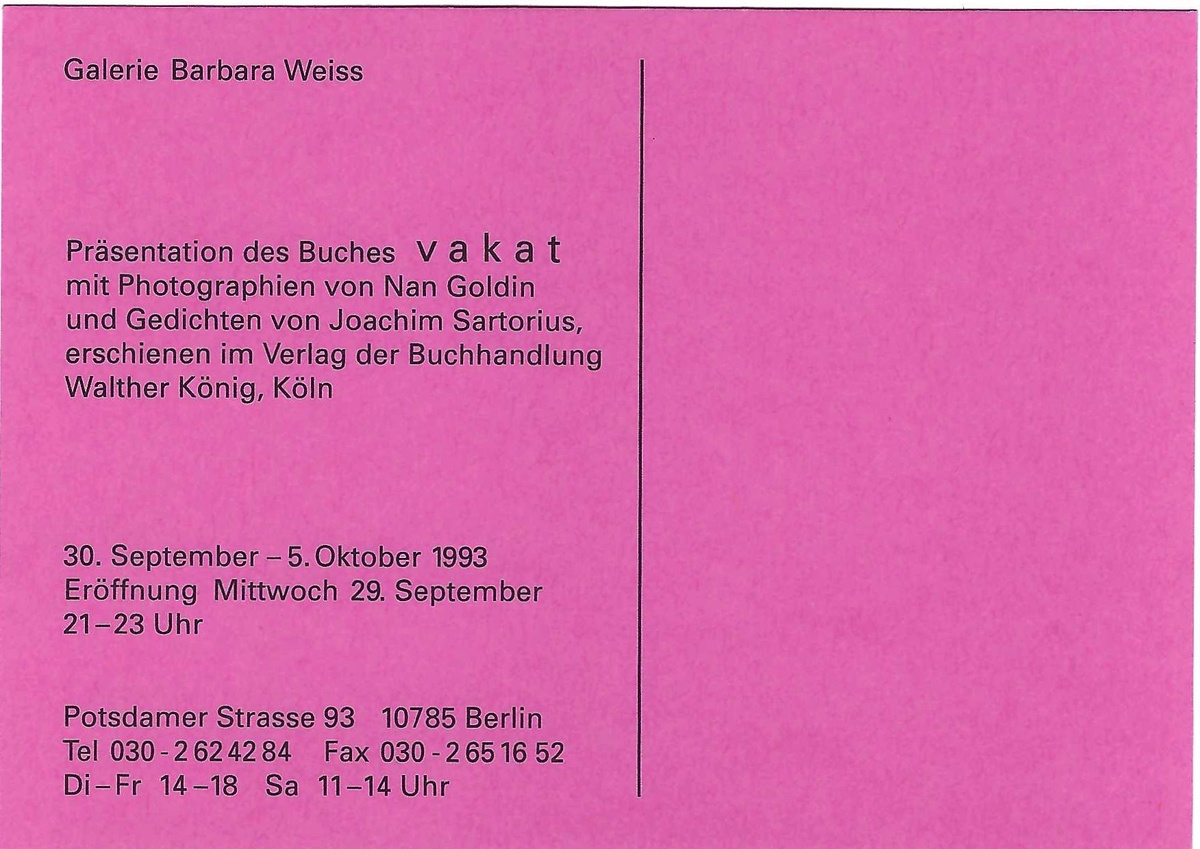 Nan Goldin: vakant. September 30 – October 5, 1993